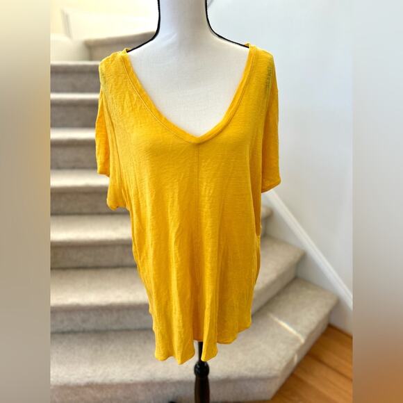 Tahari Marigold Yellow Linen V-Neck Tee - Picture 1 of 6